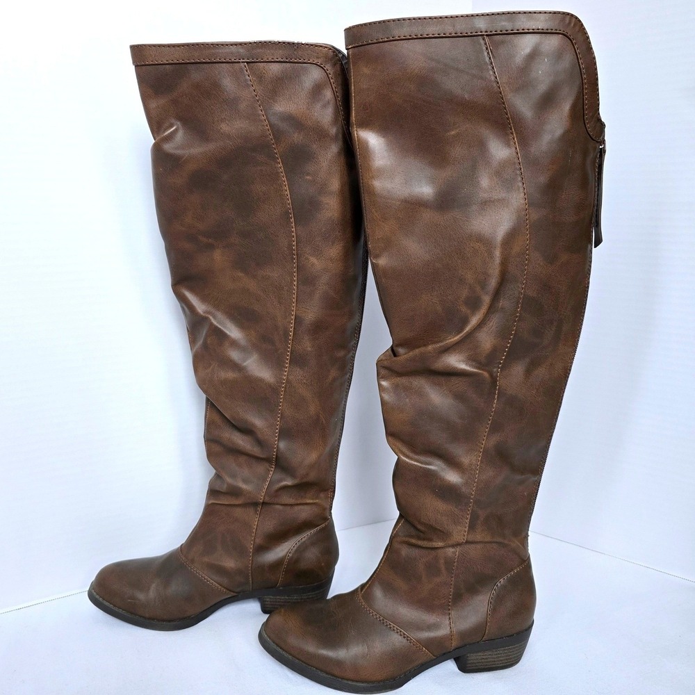 MUDD Highland Women Size 7.5M Tall Boots Brown Faux Leather Over Knee Riding